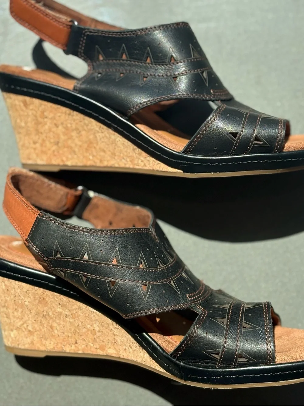 Cobb Hill Janna Perf Slingback Leather Wedge Sandals - Black- size 8